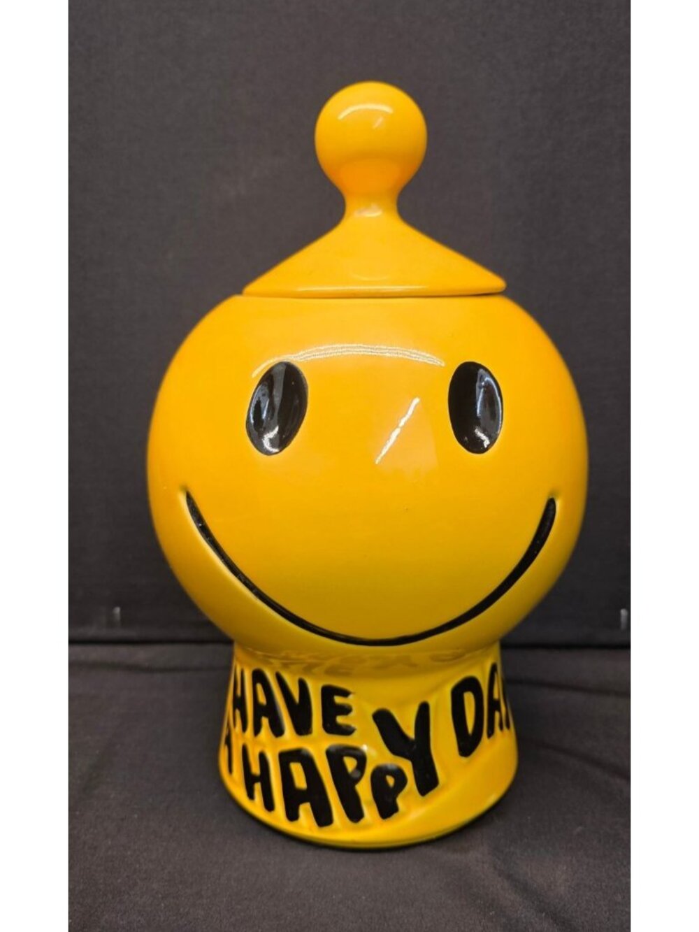 Vintage 1970s McCoy Pottery USA Smiley Face Cookie Jar "Have A Happy Day" Retro